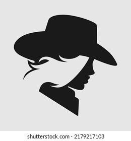 Pretty cowgirl side view portrait symbol on gray backdrop. Design element