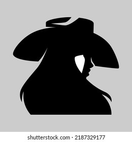 Pretty cowgirl side view portrait symbol on gray backdrop. Design element	