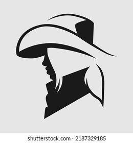 Pretty cowgirl side view portrait symbol on gray backdrop. Design element	