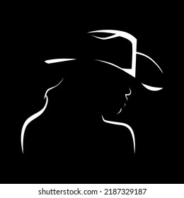 Pretty cowgirl side view portrait white symbol on black backdrop. Design element	
