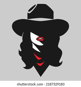 Pretty Cowgirl Wearing Bandana Headshot Portrait Symbol On Gray Backdrop. Design Element	