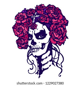 Pretty and Creepy Sugar Skull, Day Of Dead Girl beautiful makeup. Woman Halloween face with rose wreath. Hand drawn line art stock vector illustration/ Sketch for tattoo, poster 