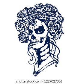 Pretty and Creepy Sugar Skull, Day Of Dead beautiful makeup. Woman Halloween face with rose wreath. Hand drawn line art stock vector illustration/ Sketch for tattoo, poster and coloring book page