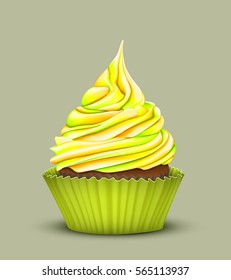 Pretty cupcake charm with multi-color gradient cream in the mold lemon color on a green background. Vector stylized 3D
