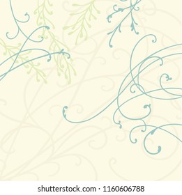 pretty curls and flourishes in blue on beige background with green fern plants and leaves, floral vector design