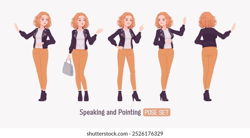 Pretty curly trendy woman urban autumn jacket set speaking, chic fall season look casual outing, ambitious motivated female speaker presenter consulting, training, persuading. Vector illustration