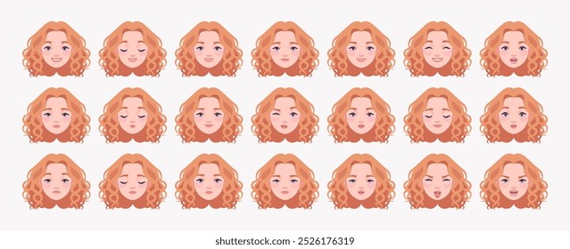 Pretty curly young good looking pale woman, attractive female emotion set, shiny hair girl bundle portrait. Face icons, positive, negative facial expression feature pic. Vector illustration circles