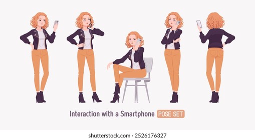 Pretty curly young trendy woman in urban autumn jacket using phone set, chic fall season look casual outings, ambitious motivated female holding smartphone, talking, making call. Vector illustration