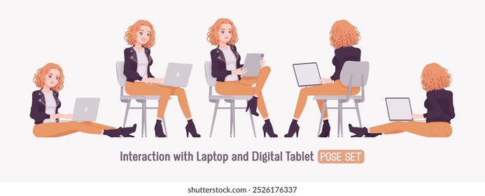 Pretty curly young trendy woman in urban autumn jacket using computer set, chic fall season casual look, ambitious motivated female feeling confident, freelancer working online. Vector illustration