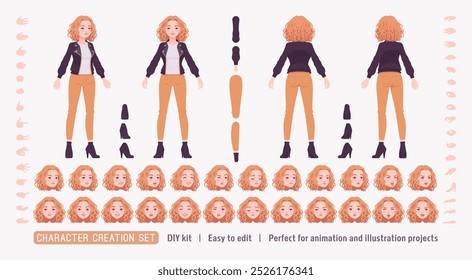 Pretty curly young trendy woman in urban autumn jacket, attractive girl DIY character creation set. Female body figure parts. Head, leg, hand gestures, emotions, construction kit. Vector illustration