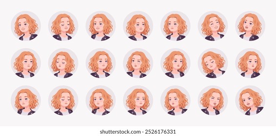 Pretty curly young woman, female avatar nice portrait set, shiny hair, appearance bundle. Different feelings and face emotion icons, player character mood, user pic circles. Vector illustration