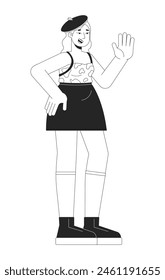 Bastante curvy mujer ondeando mano blanco y negro 2D línea de personaje de dibujos animados. Mujer caucásica con sobrepeso aislado perfil de Vector persona. Ilustración de punto plano monocromático de la moda positiva del cuerpo