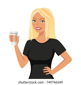 Pretty cute blond smiling girl holding a paper coffee cup template isolated on white background. Vector illustration
