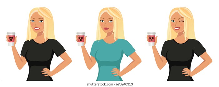 Pretty cute blonde girl with a coffee glass. Different emotions: serious, smiling, winking. Vector illustration