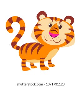 Pretty cute cartoon tiger vector illustration.  Isolated on White background. Flat design.  