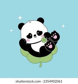 pretty; cute panda with good luck leaf in hands panda icon, vector illustration. Editable stroke