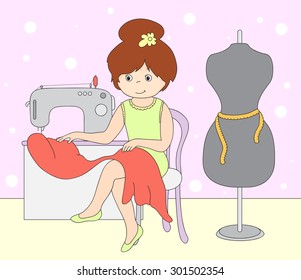 Pretty cute seamstress is sitting at the sewing machine. Mannequin standing beside the girl. Vector illustration