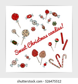 Pretty and cute set of sweet hand drawn christmas candies.