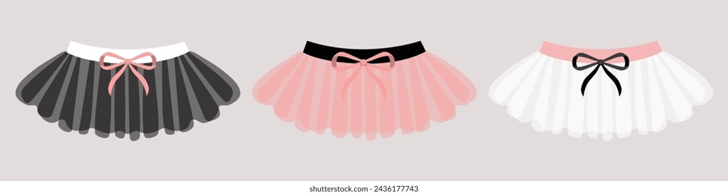 Pretty cute tutu ballet skirt,  clothes for ballerina. Pink, white, black tutu, flat illustrations. Little ballet dancer soft colors tutu with little bow,classical ballet skirts. Clothing set for girl