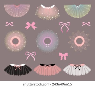 Bonita falda de ballet tutu, ropa para bailarina. Rosa, blanco, negro tutu, ilustraciones planas. Pequeña bailarina de ballet colores suaves tutu con lazo pequeño, faldas de ballet clásico. Juego de ropa para niña