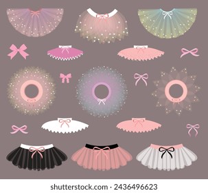 Bonita falda de ballet tutu, ropa para bailarina. Rosa, blanco, negro tutu, ilustraciones planas. Pequeña bailarina de ballet colores suaves tutu con lazo pequeño, faldas de ballet clásico. Juego de ropa para niña