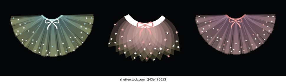 Pretty cute tutu ballet skirt,  clothes for ballerina. Pink, white, black tutu, flat illustrations. Little ballet dancer soft colors tutu with little bow,classical ballet skirts. Clothing set for girl