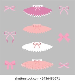 Pretty cute tutu ballet skirt,  clothes for ballerina. Pink, white, black tutu, flat illustrations. Little ballet dancer soft colors tutu with little bow,classical ballet skirts. Clothing set for girl