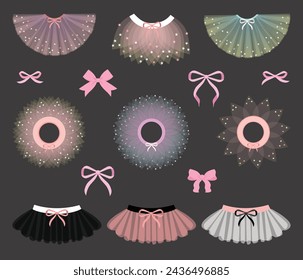 Pretty cute tutu ballet skirt,  clothes for ballerina. Pink, white, black tutu, flat illustrations. Little ballet dancer soft colors tutu with little bow,classical ballet skirts. Clothing set for girl