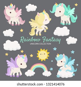 Pretty and cute unicorn characters with clouds and rainbow