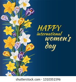 Pretty Daffodil and Crocus. Festive floral border for your season design. Typography 8 March International Women's day banner.  Floral Greeting card for Mothers day. Vector Spring Celebration Template