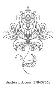 Pretty dainty ornate vintage floral motif in a black and white calligraphic outline, vector illustration