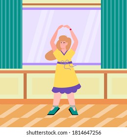 Pretty dancing woman in yellow dress in room interior, flat cartoon vector illustration. Woman cartoon character at dance class or home engaged with choreography.
