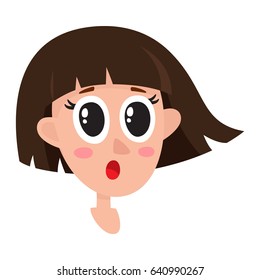 Pretty dark brown hair woman, surprised facial expression, cartoon vector illustrations isolated on white background. Beautiful woman surprised, shocked, amazed, astonished. Surprised face expression