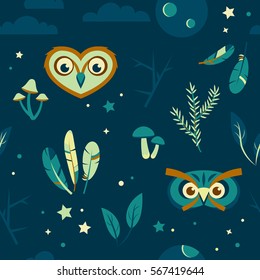 Pretty dark colors pattern with night scene items include owls, feathers, moon, mushrooms, stars, branches