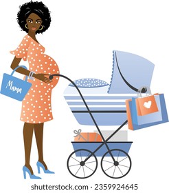 Pretty dark skin african-american pregnant woman with a blue pram