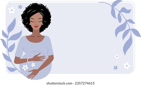 Pretty dark skin pregnant woman with empty custom text background