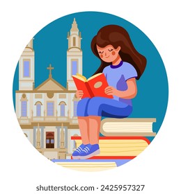 Una chica bastante morena está leyendo un libro, sentada en una diapositiva de libro sobre el fondo de una iglesia católica en la ciudad de Braga, una ilustración en un estilo plano de dibujos animados. Composición en un círculo
