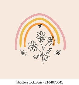 Pretty decorative composition with a small rainbow and flower. Freehand vector drawing. For prints, cards, posters, etc.