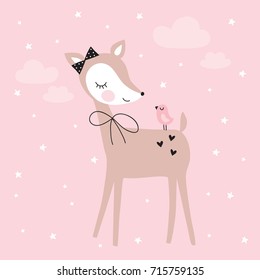 pretty deer with bird vector illustration