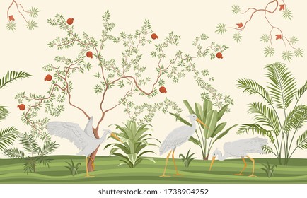 Pretty delicate exotic chinoiserie design in shades of green with flowering trees in a tropical park, colored vector illustration