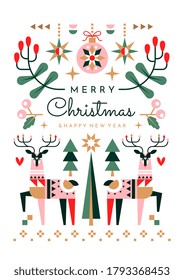 Pretty delicate Merry Christmas greeting card design on white with festive colorful reindeer, ornaments and holly around central text, colored vector illustration