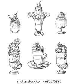 Pretty desserts. Vector hand drawn illustration in black & white