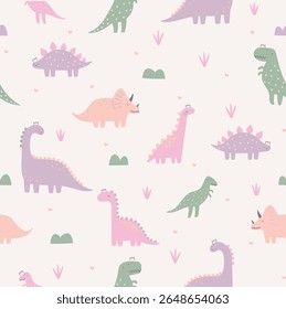 pretty dinosaurs, grasses on pink base pretty Dino multi color in pink baby Dinosaur vector for kids fashion pattern design, For textiles, cotton fabric, covers, wallpaper, printin