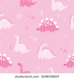 pretty dinosaurs and rainbow, hearts, grasses on pink base pretty Dino multi color in pink baby Dinosaur vector for kids fashion pattern design, For textiles, cotton fabric, covers, wallpaper, printin