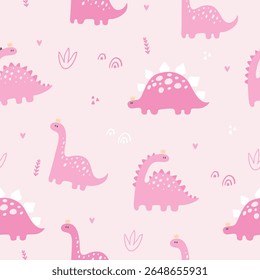 pretty dinosaurs and rainbow, hearts, grasses on pink base pretty Dino multi color in pink baby Dinosaur vector for kids fashion pattern design, For textiles, cotton fabric, covers, wallpaper, print