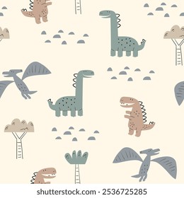 pretty dinosaurs and tree drawing as vector for kids fashion pattern design