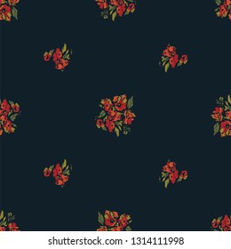 Pretty Ditsy Floral Cluster Seamless Repeat Tile - Dark Background Wallpaper Tile - Chintz Style Cabbage Rose