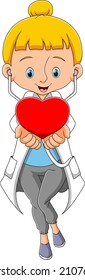 The pretty doctor girl is holding the love sign for valentine of illustration