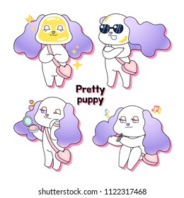 Pretty Dog character 4 different actions vector illustrations. It can be used for cosmetic banner or pet spa.
