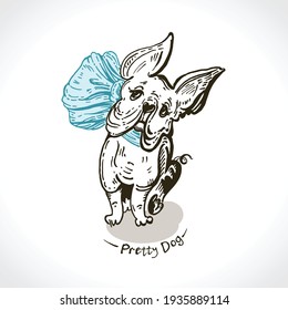 Pretty dog. French Bulldog puppy with a big bow. Funny positive vector illustration Bulldog puppy. Vector template for postcards, t-shirt print, etc. Cute card